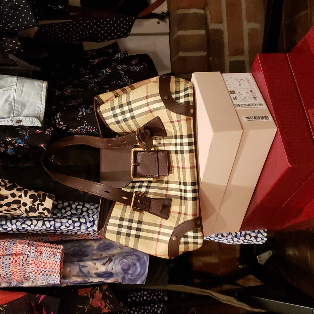 Burberry Beige Plaid Tote with Brown Leather Trim and Gold Buckle